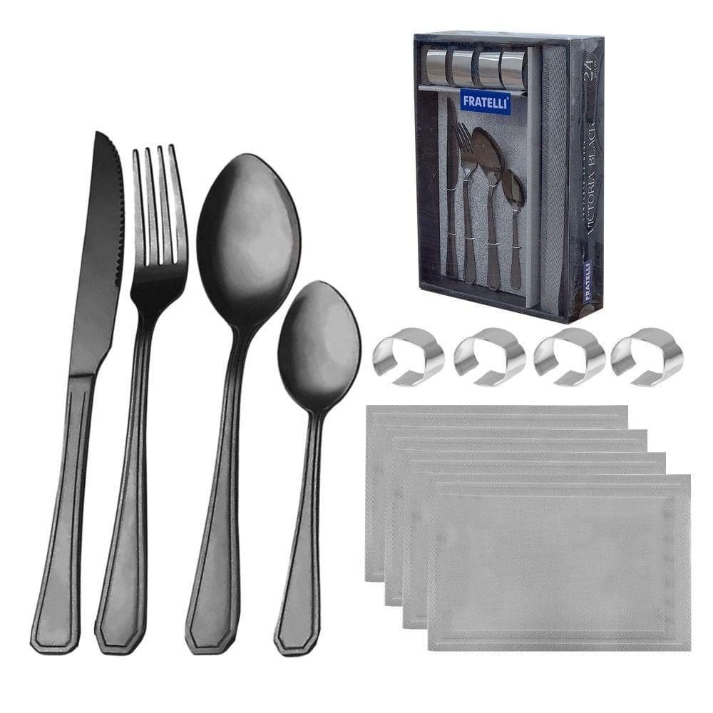 Conjunto Faqueiro 24 Peças Lugar Americano Porta Guardanapo Victoria Black Fratelli Inox