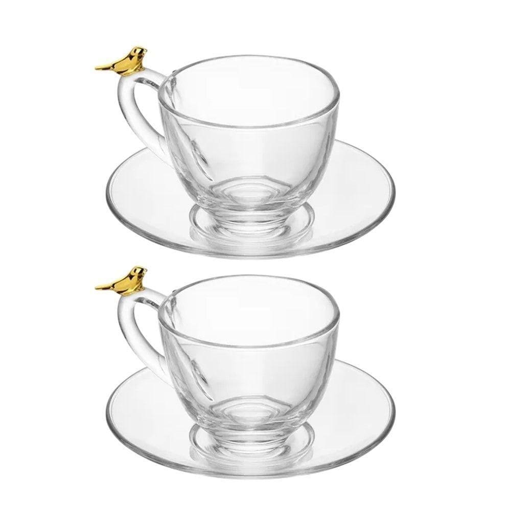 Jogo 2 Xícara De Chá Com Pires Golden Bird Pássaro 180ml Cristal Ecológico Wolff