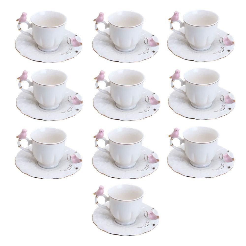 Jogo 10 Xícara De Café Porcelana Rosa E Branca Birds Pássaro Com Pires 100ml Wolff