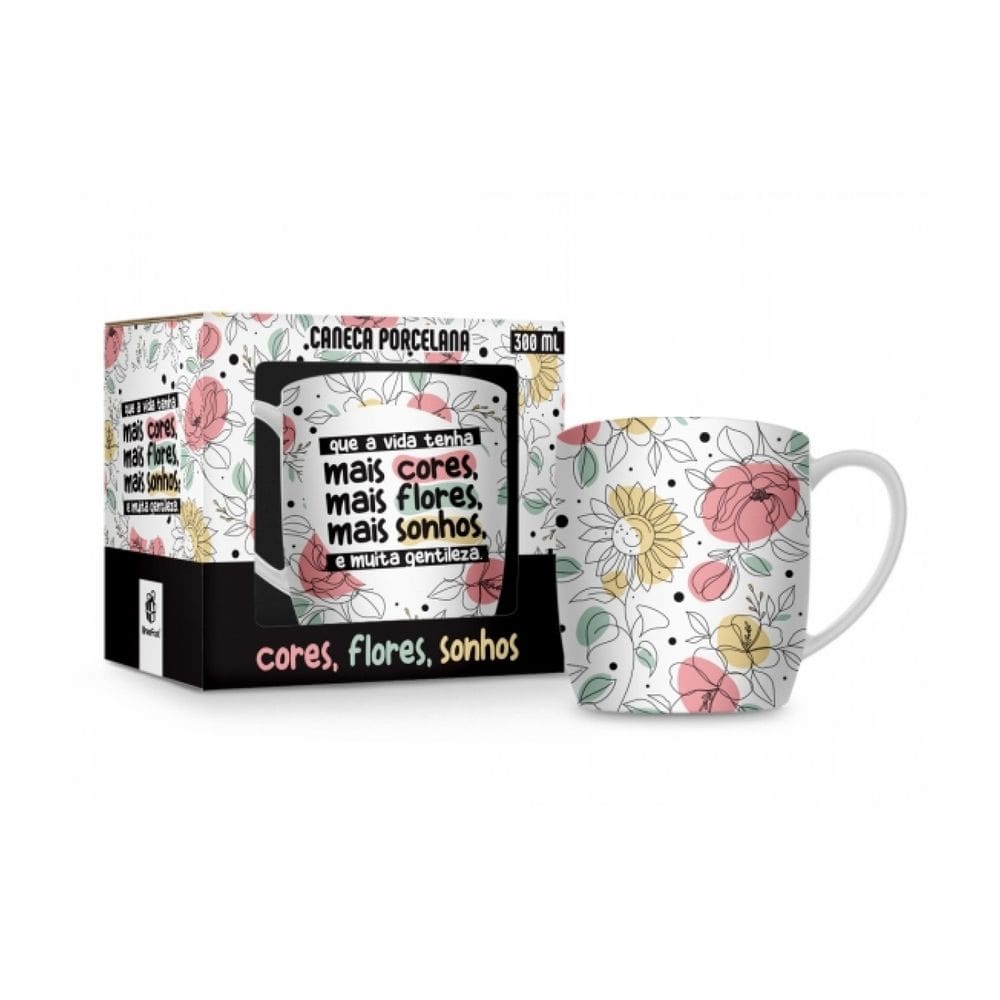 Caneca de Porcelana Cores, Flores, Sonhos - 300ml - Brasfoot