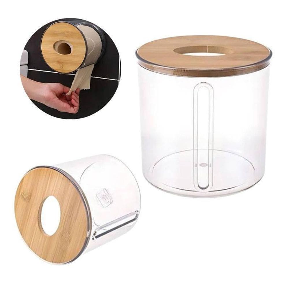 Porta Papel Higiênico Transparente Com Tampa De Madeira