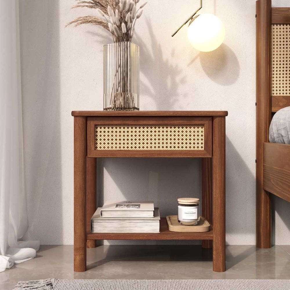 Mesa de Cabeceira Palhinha Natural Madeira Quarto Casal Castanho Cefira