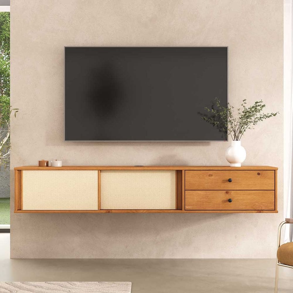 Rack Flutuante 175 cm 2 Portas de Correr Palha Natural TV 75 Madeira Freijó Simona