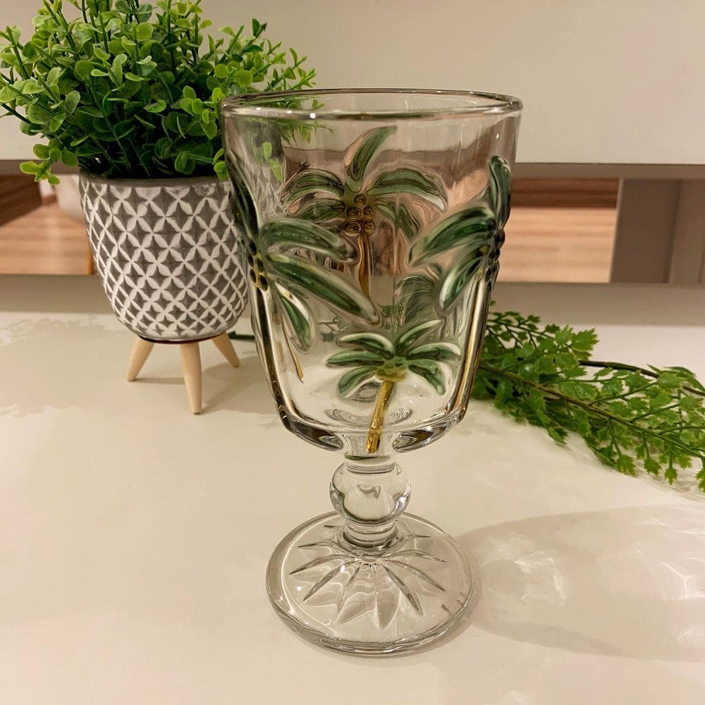 Taça De Vidro Água Tropical Palm Handing Paintin Lyor 310ml
