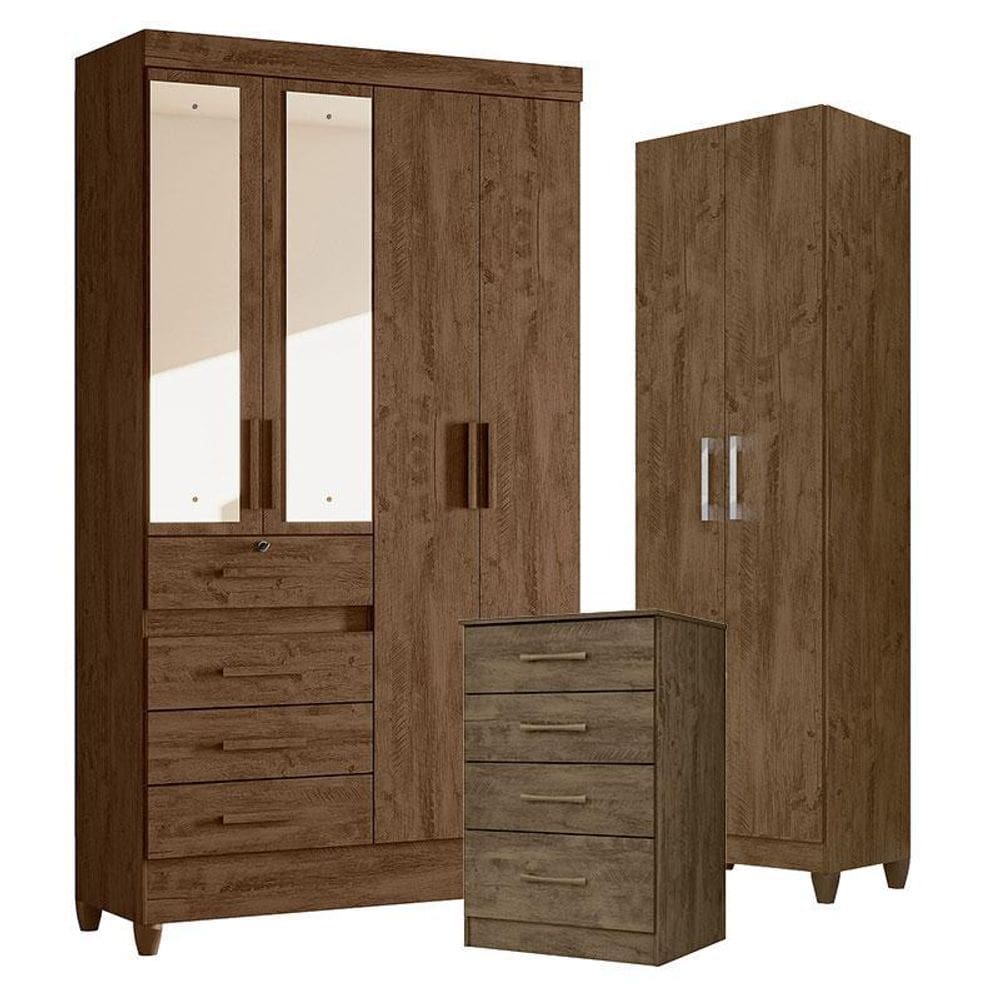 Guarda Roupa com Espelho Solteiro Sobral com Cômoda MS913 e Armário Multiuso New Íris Castanho Wood – Moval