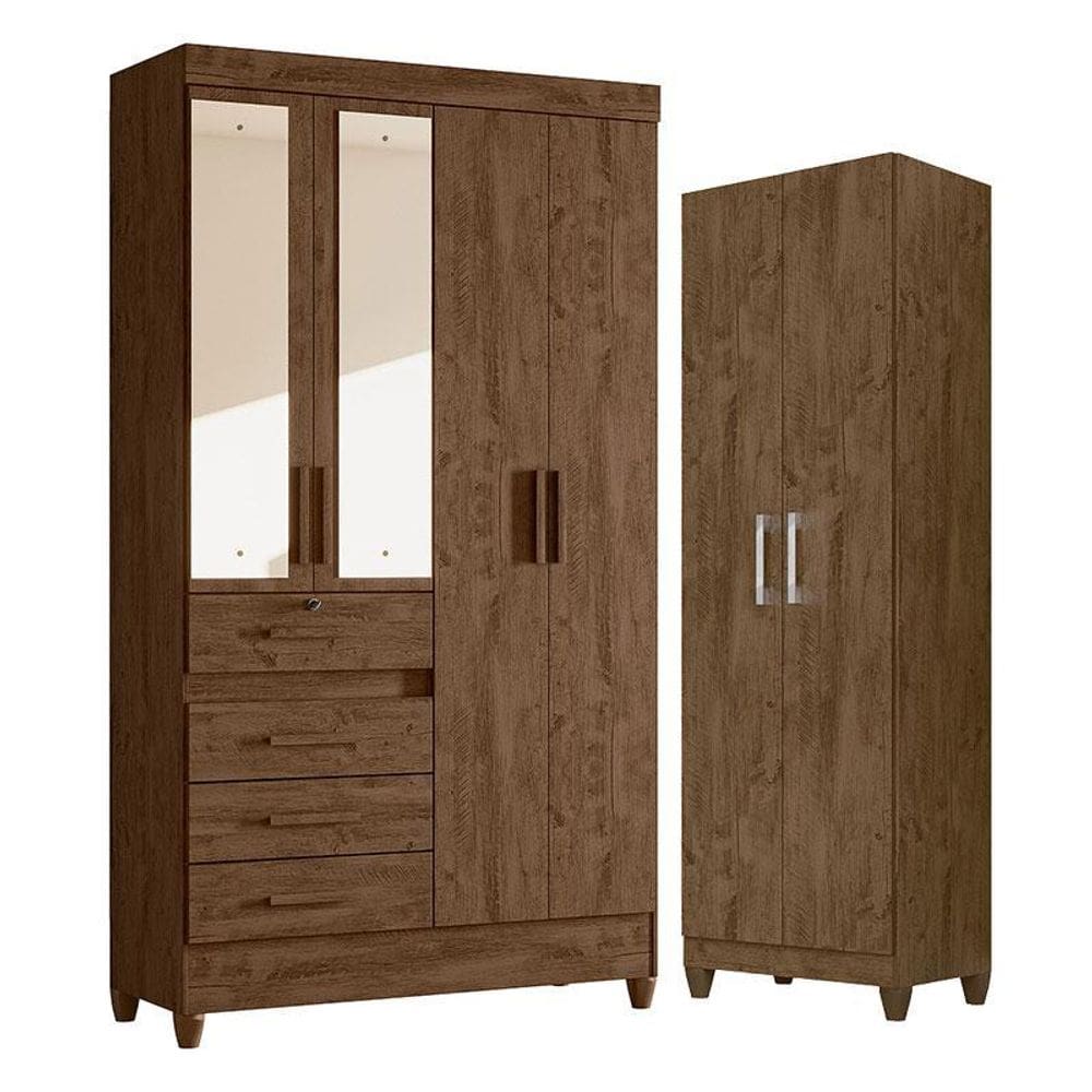 Guarda Roupa Solteiro Sobral com Espelho e Armário Multiuso New Íris Castanho Wood - Moval