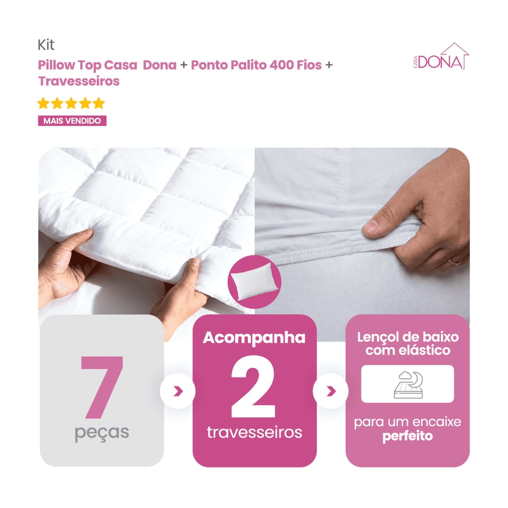 Kit Cama dos Sonhos Casa Dona 5 Peças Pillow Com Lençol e Travesseiros Casa Dona