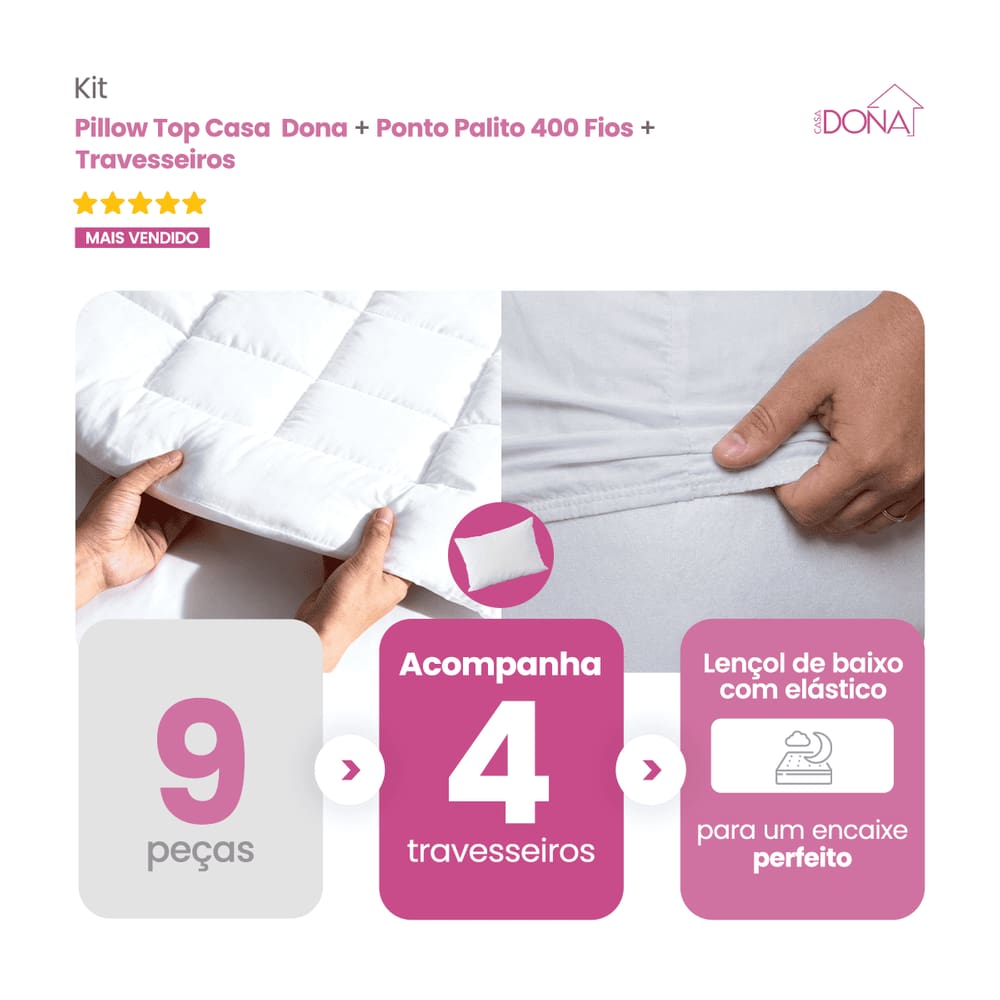 Kit Cama dos Sonhos Casa Dona 5 Peças Pillow Com Lençol e 4 Travesseiros Casa Dona