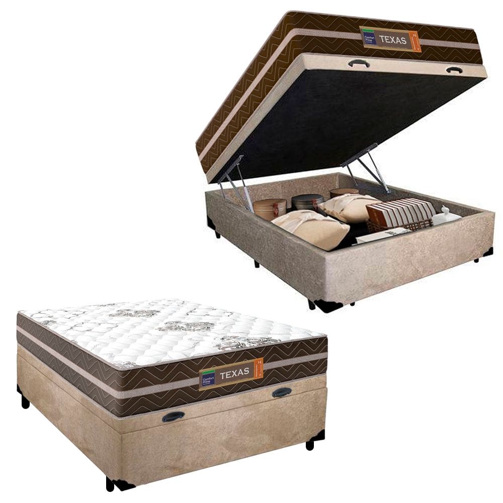 Cama Box Baú Casal Suede + Colchão Molas Ensacadas Texas Prime Colchões 138cm Bege - Suporta Até 120 Kg Por Pessoa