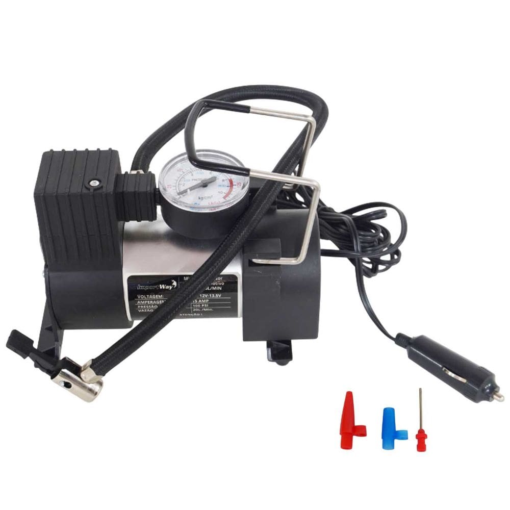Mini Compressor de Ar Automotivo Portátil 12V 100 Psi com 3 Adaptadores Importway IWMCA-10020