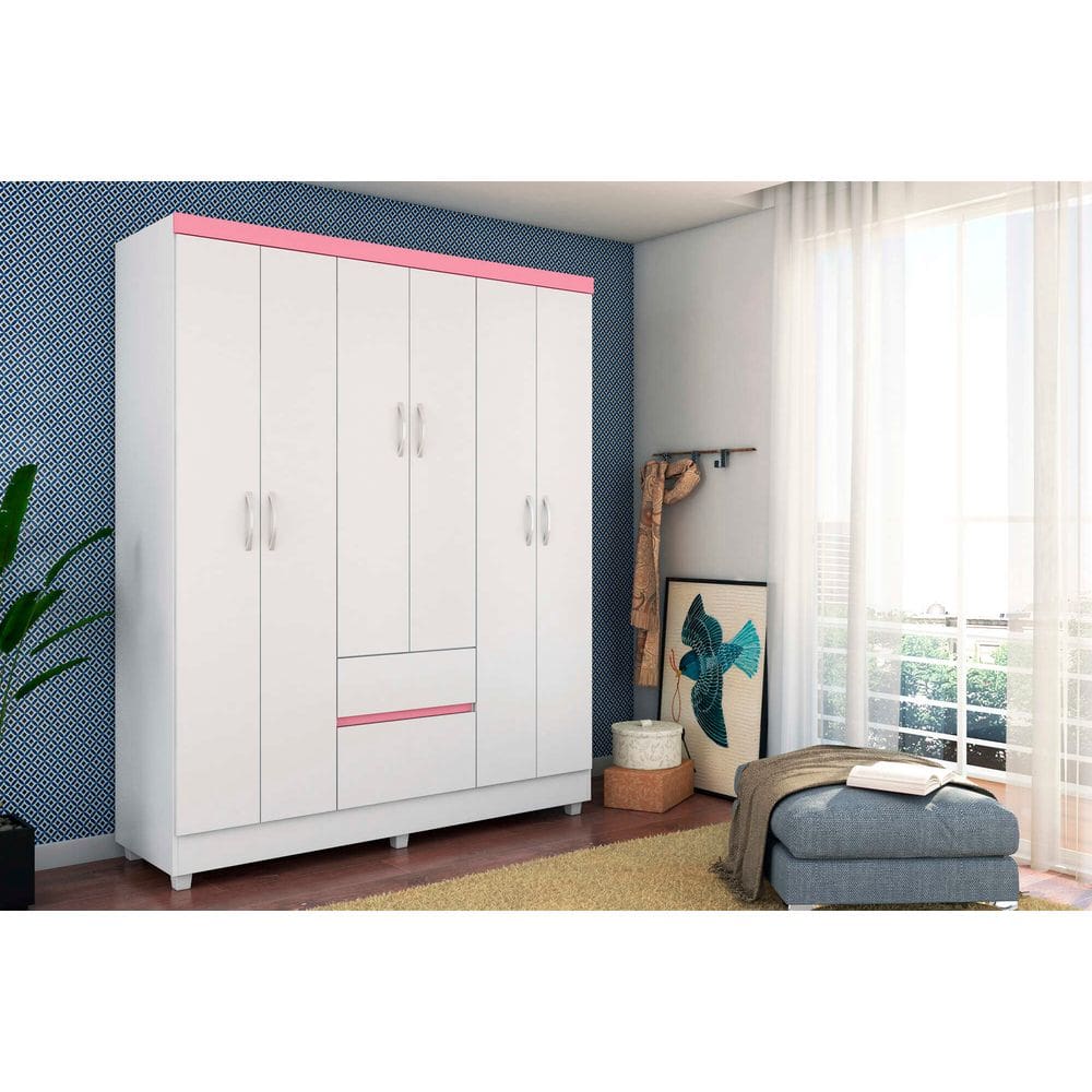 Guarda-Roupa Casal 6 Portas Flash com Gavetas Branco/Rosa | 181cm | MDP