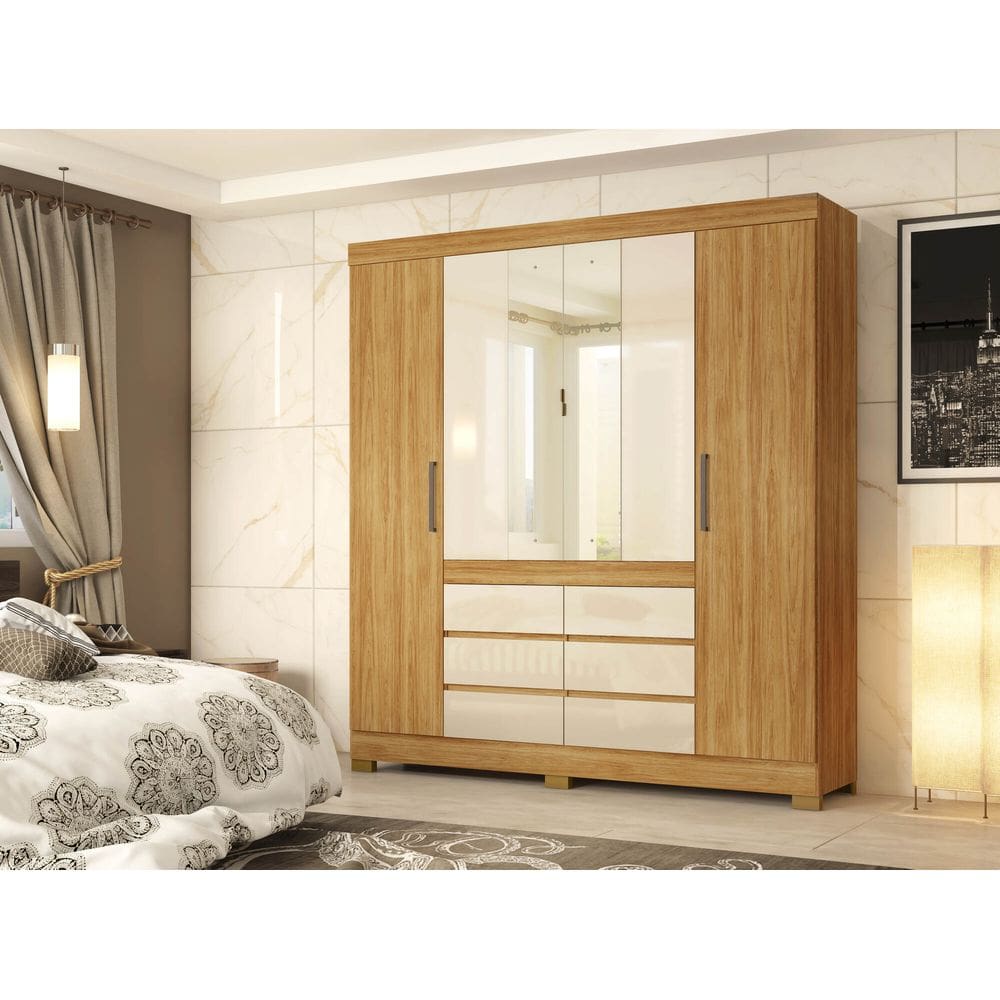 Guarda-Roupa Casal 4 Portas Cádis com Espelho 2 Gavetas Cinamon Touch/Off White | 217cm | MDP