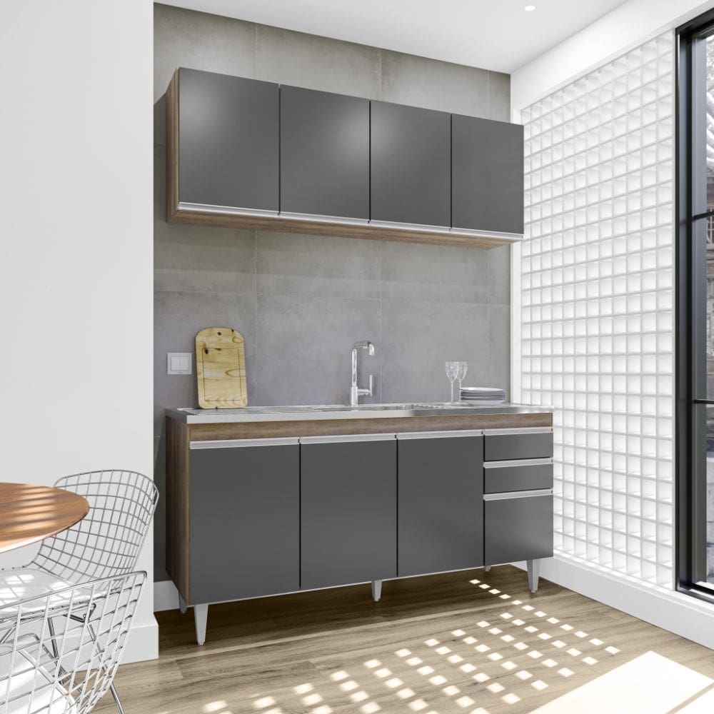 Cozinha Compacta Lorena com Pia e Cuba GhelPlus 160cm 8 Portas 2 Gavetas Freijó Grafite Maderatto Móveis