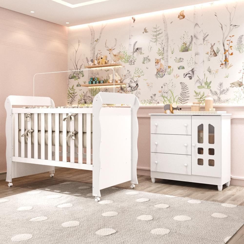 Quarto Bebê Completo Berço Americano Marquesa Mini Cama Mirelle Cômoda 3 Gavetas 1 Porta 100% MDF