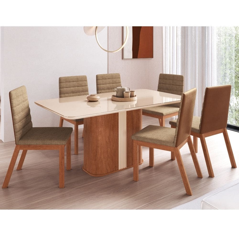 Conjunto Sala de Jantar Mesa com Tampo de Vidro 160cm e 6 Cadeiras em Madeira Maciça 165/05 Zamarchi
