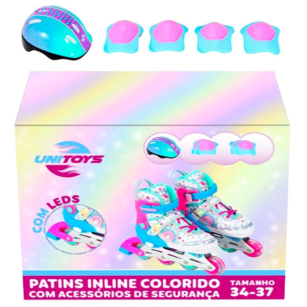 Patins Inline Ajustavel KIT Proteção Colorido Unitoys 34-37