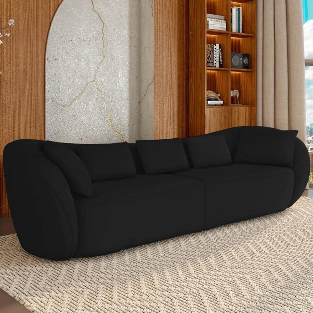 Sofá 4 Lugares 292cm Orgânico Pé Madeira Yume Veludo Preto Z55 - Mpozenato