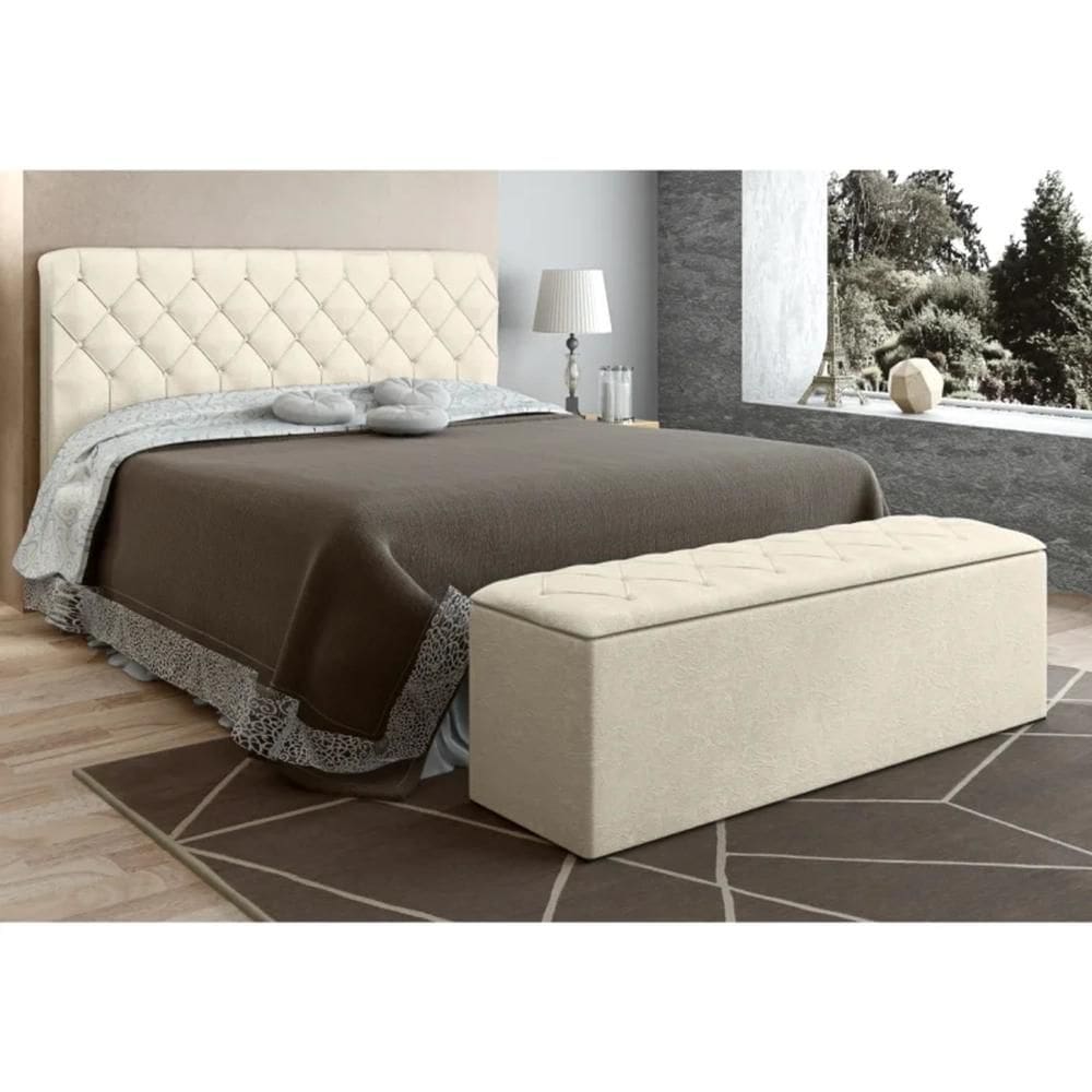 Cabeceira Cama Box Casal Queen 160cm com Calçadeira Baú Paris Veludo Bege - Js Móveis