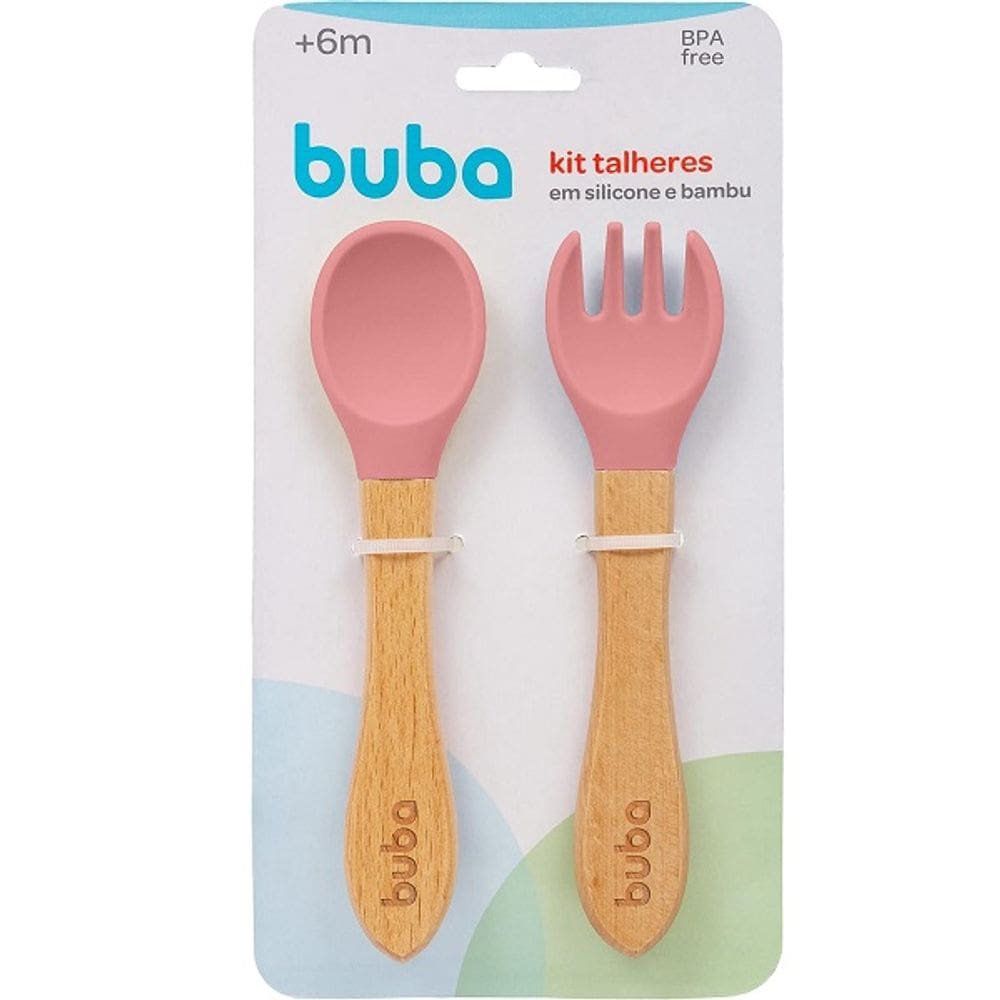 Kit Talher de Silicone e Bambu Garfo Colher de Bebe Buba Rosa