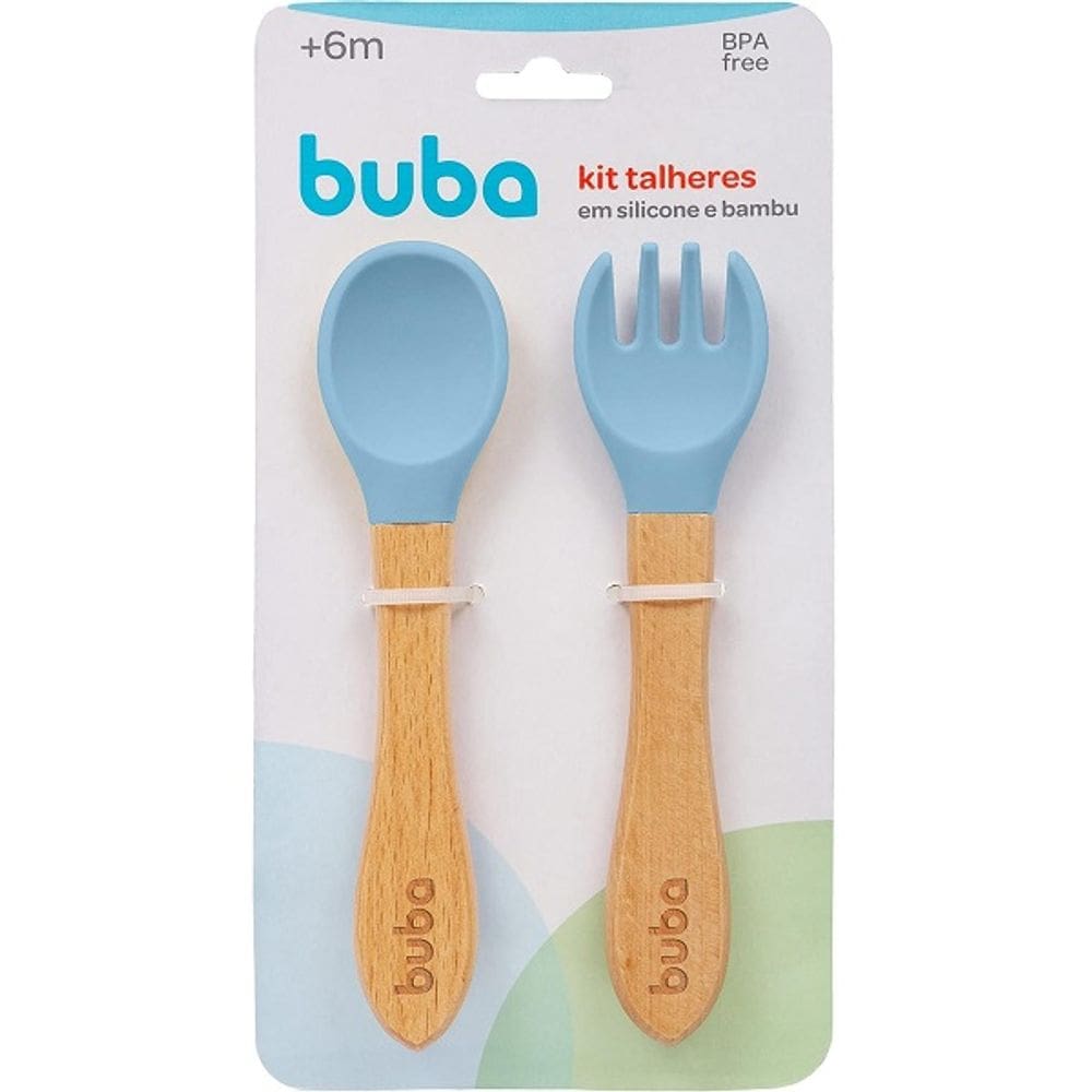 Kit Talher de Silicone e Bambu Garfo Colher de Bebe Buba Azul