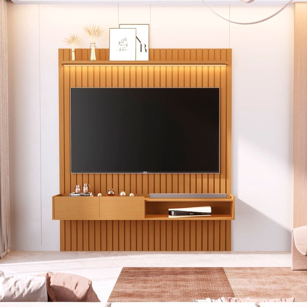 Painel Ripado para Tv 75 Polegadas com Nicho e Prateleira com Led Vitoria Regia Marrom