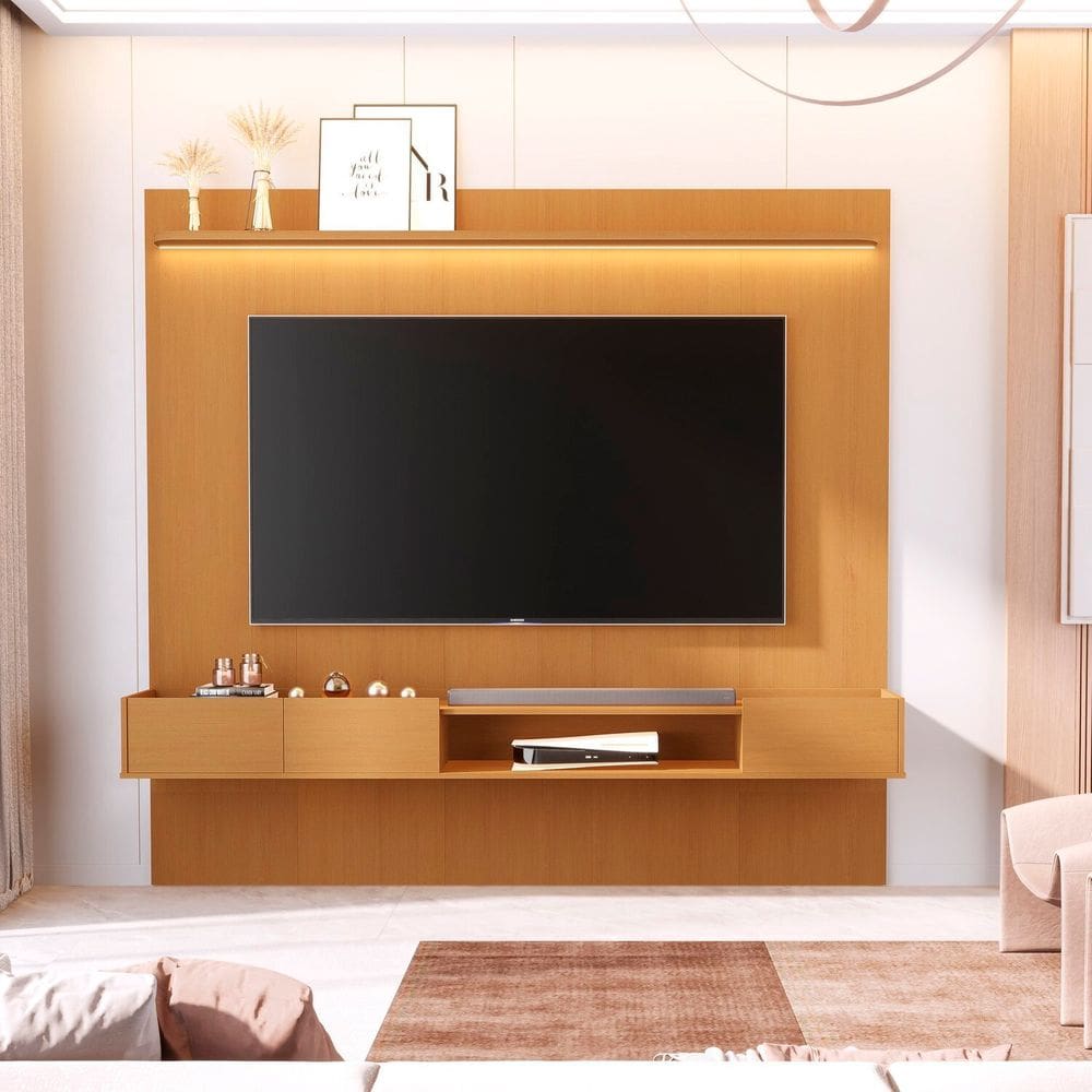 Painel Liso para Tv 84 Polegadas com Nicho e Prateleira com Led Vitoria Regia Marrom