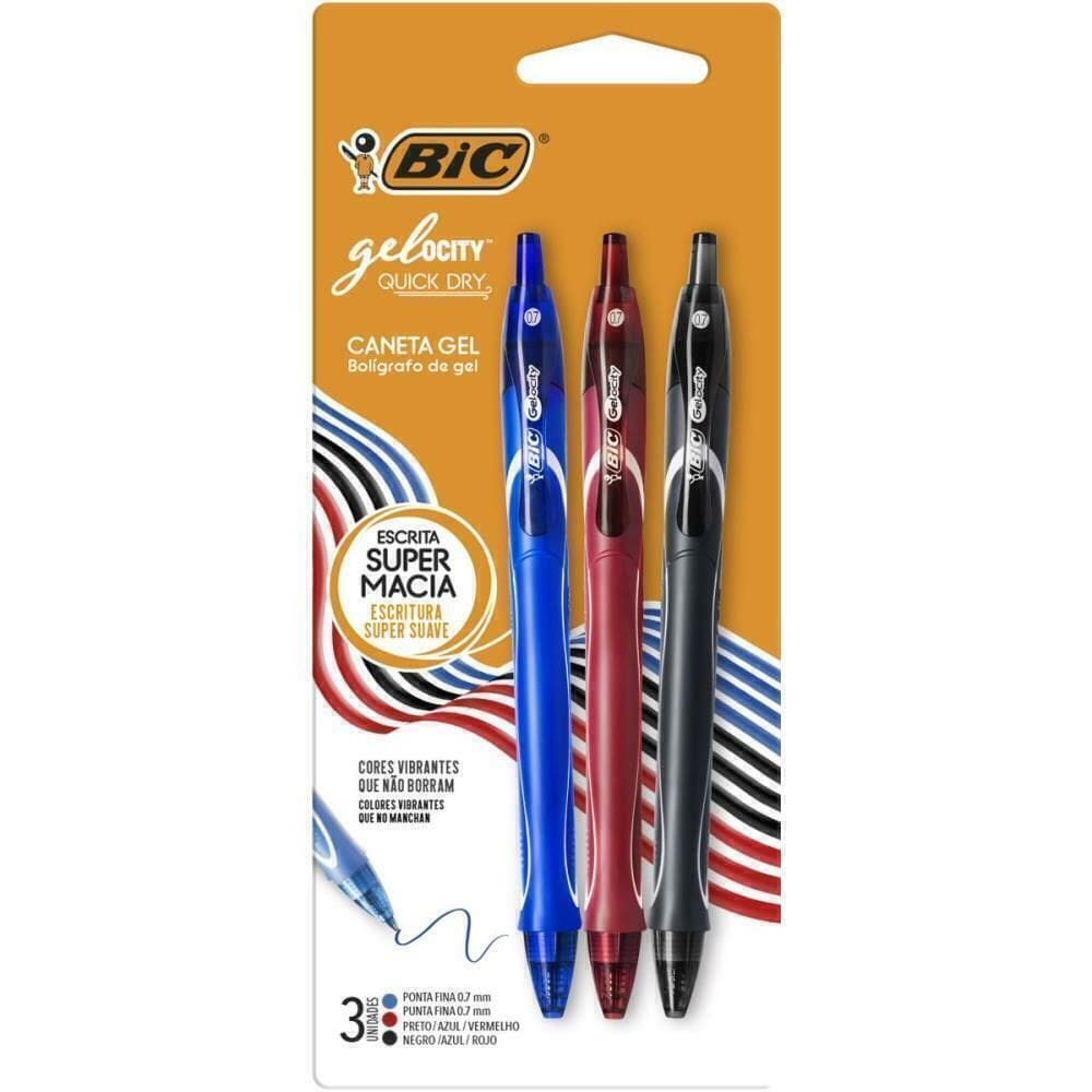 Caneta Gel Bic Quick Dry Azul, Preta e Vermelha - Bic