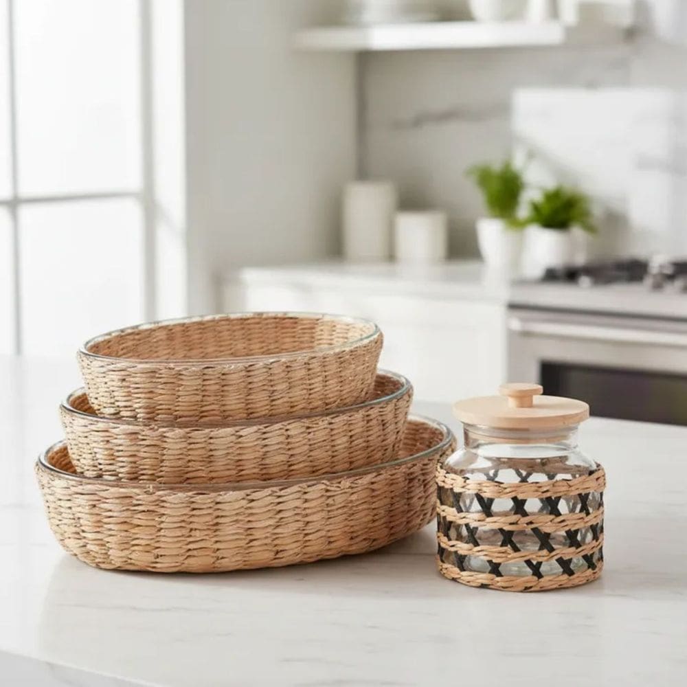 Travessa e Assadeira Refratárias Ovais 4un Vidro com Suporte de Rattan