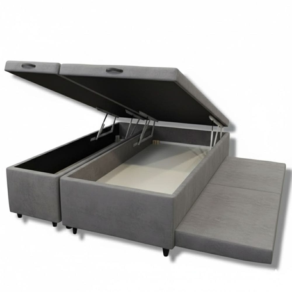 Cama Box Bau Queen Bipartido c/ Cama Auxiliar Suede 47x158x198 - Santo Box