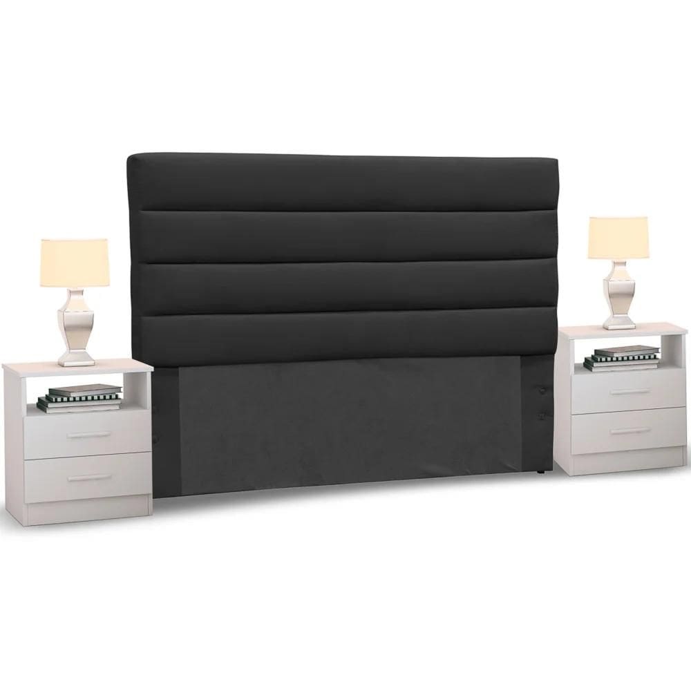 Cabeceira Cama Box Casal King 195cm Greta Suede Preto e 2 Mesas de Cabeceira Flex Branco - Mpozenato