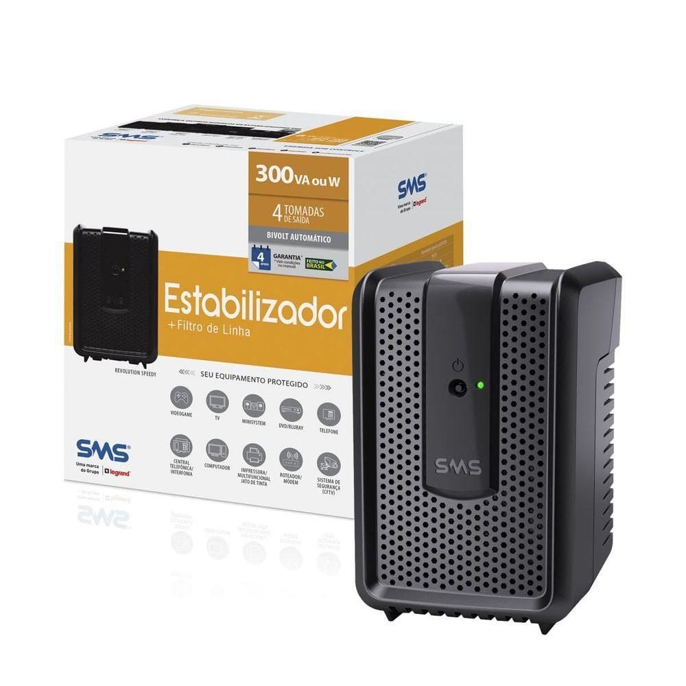 Estabilizador Sms Revolution Speedy 300va Bivolt Automático 115v-127v-220v, 4 Tomadas - 15970