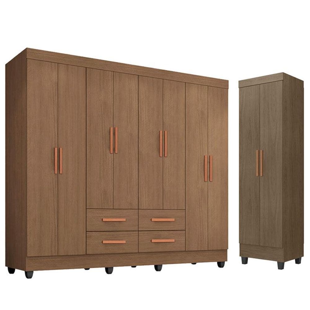 Guarda Roupa Casal Porto 8 Portas e Armário Multiuso Lite Carvalho Oak - Móveis Leão