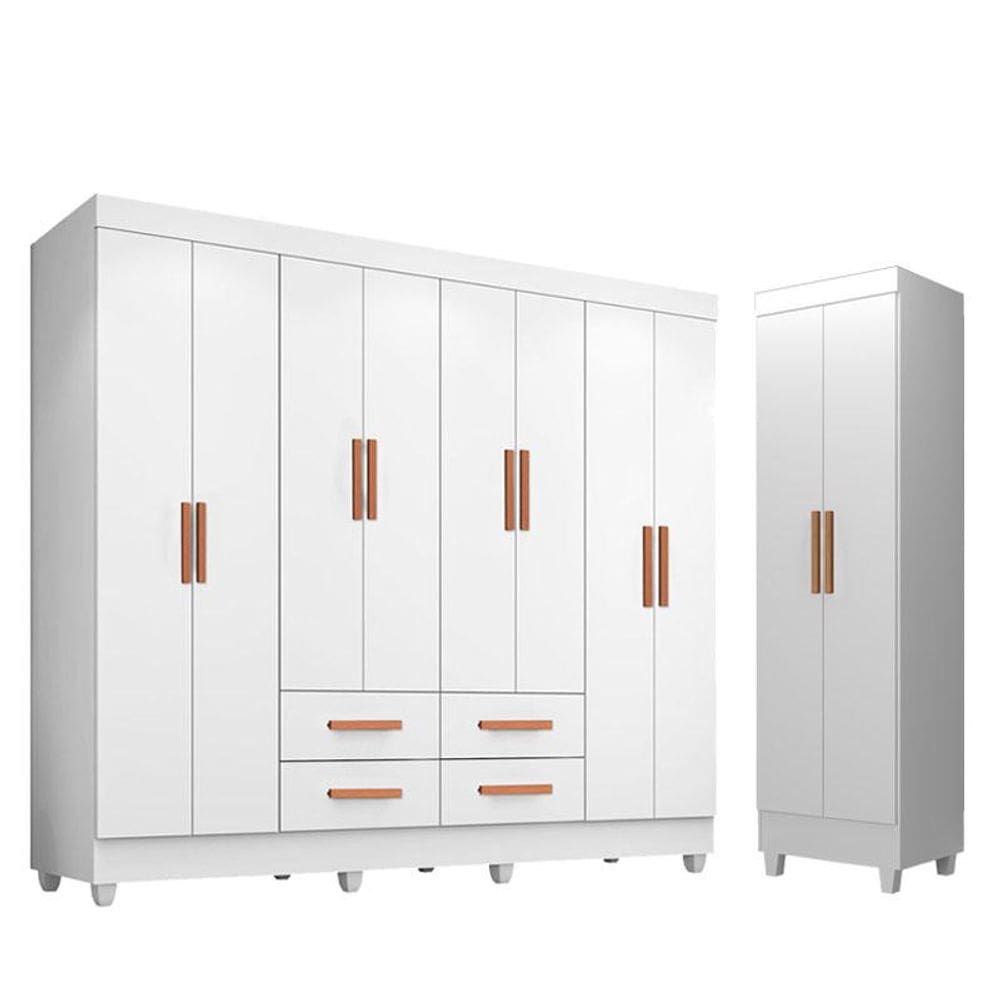 Guarda Roupa Casal Porto 8 Portas e Armário Multiuso Lite Branco Brilho - Móveis Leão