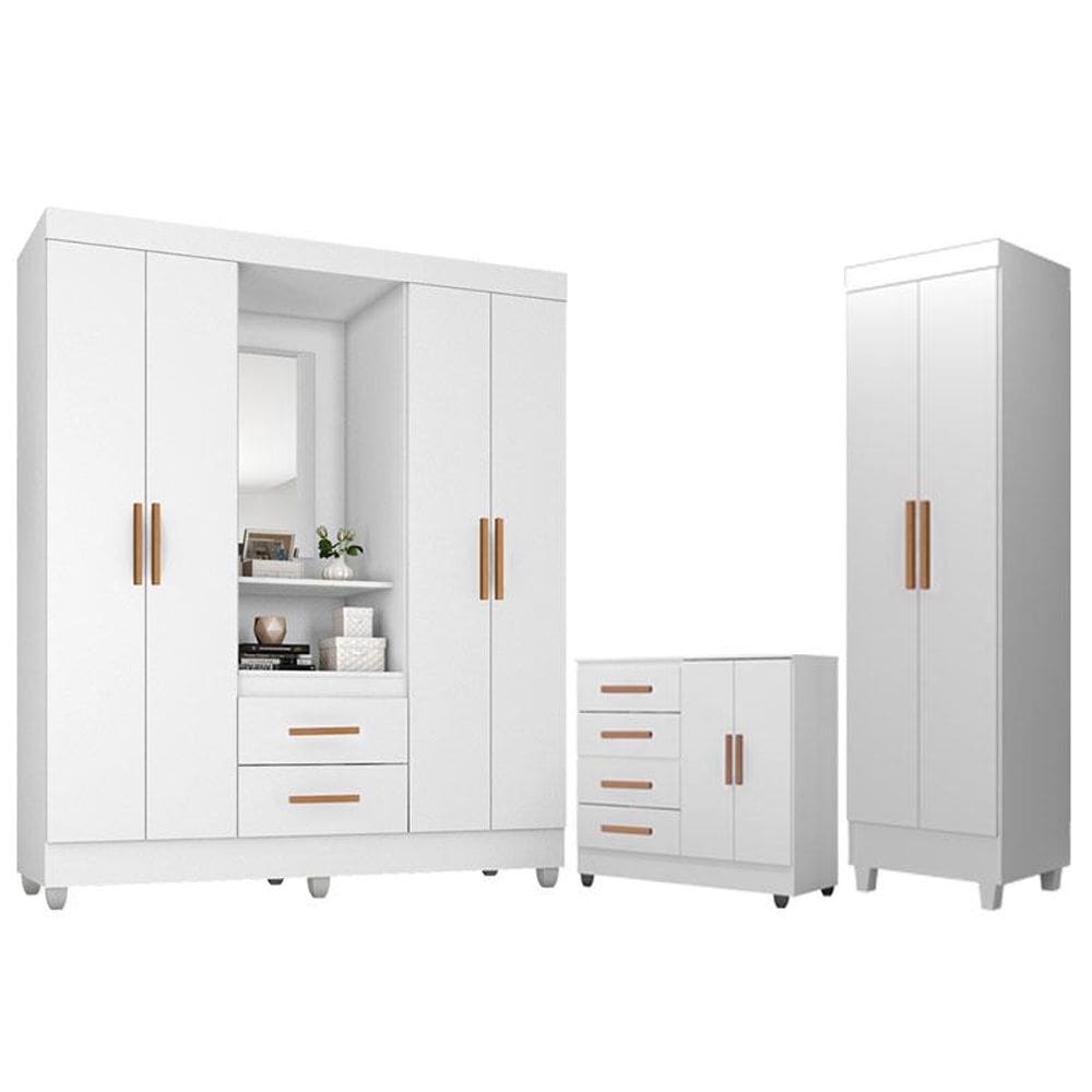 Guarda Roupa Casal Capela comCômoda 4 Gavetas 2 Porta eArmário Multiuso Lite Branco Brilho - Móveis Leão