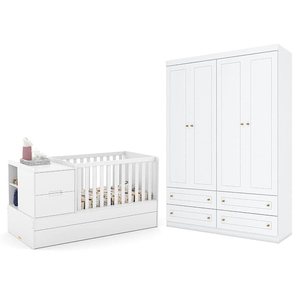 Berço Americano Multifuncional Formare Branco Acetinado - Matice Guarda Roupa Infantil Americano 4 Porta Branco HP - Henn