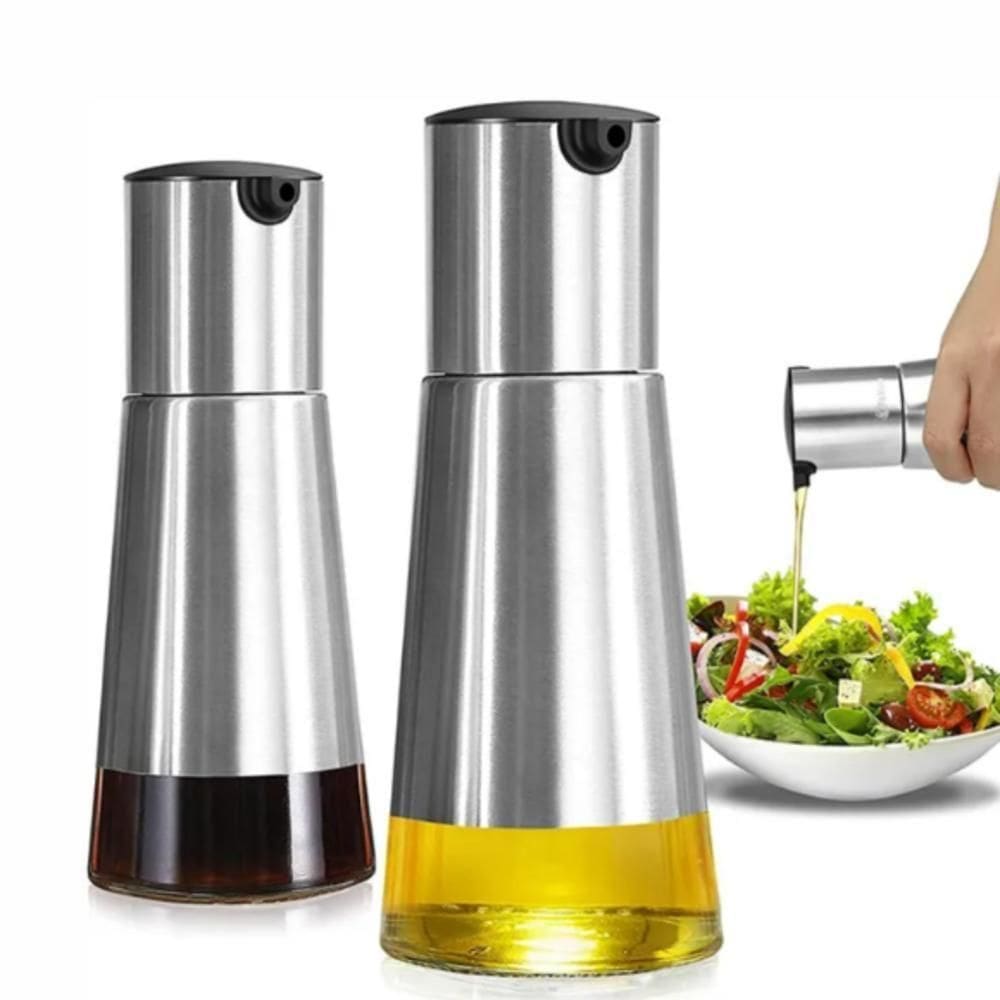 Kit Galheteiro Vidro E Inox Com Suporte Porta Azeite Vinagre Cozinha Luxo 3 Peças 230ml