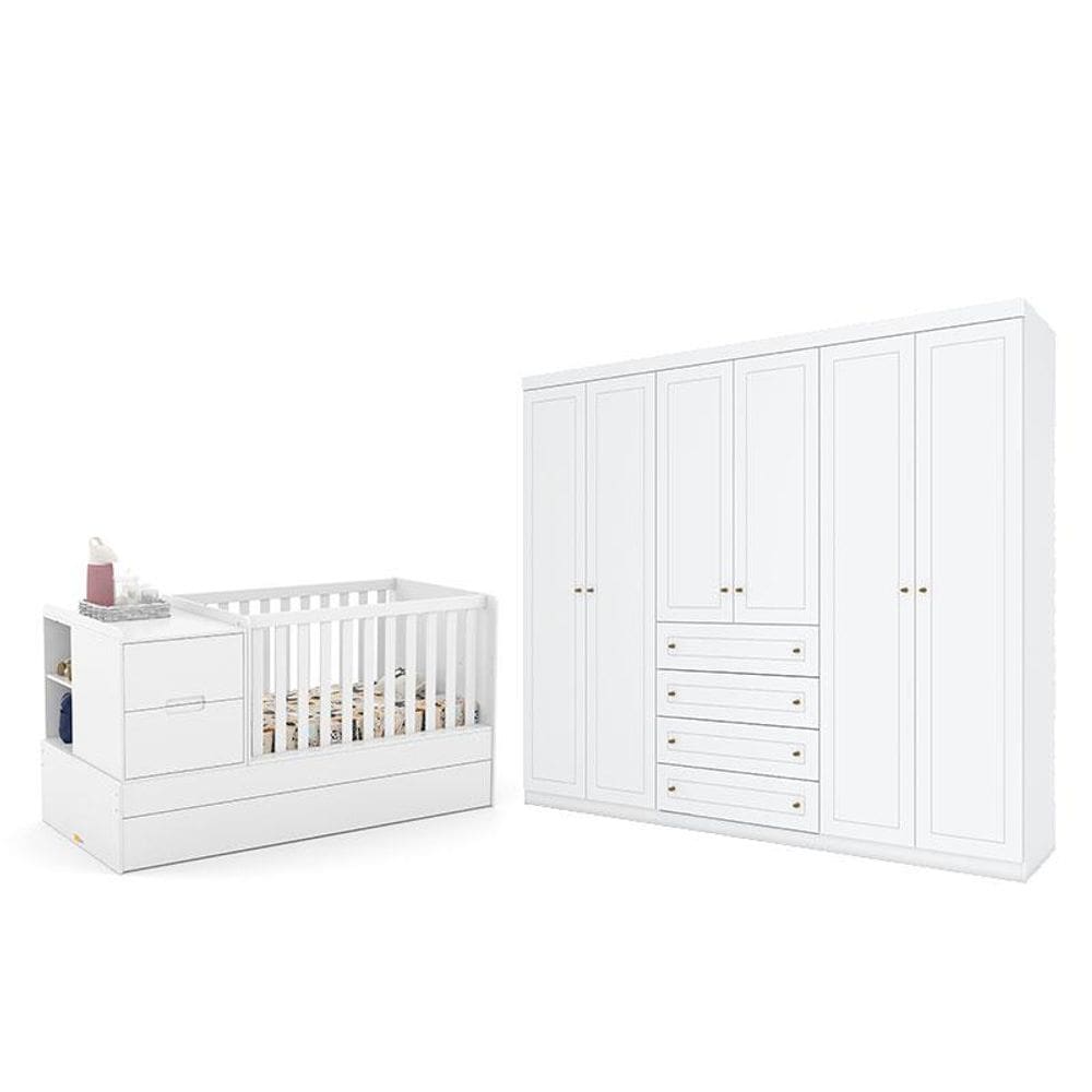 Berço Americano Multifuncional Formare Branco Acetinado - Matice Guarda Roupa Casal Americano 6 Portas Branco HP- Henn