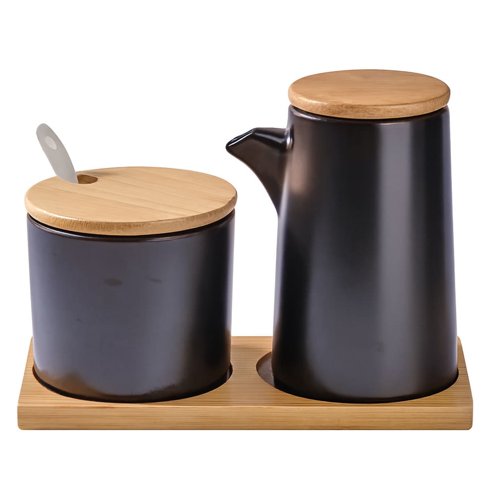 Kit Galheteiro Gourmet Cerâmica Black e Bambu: Elegância e Organização para sua Mesa