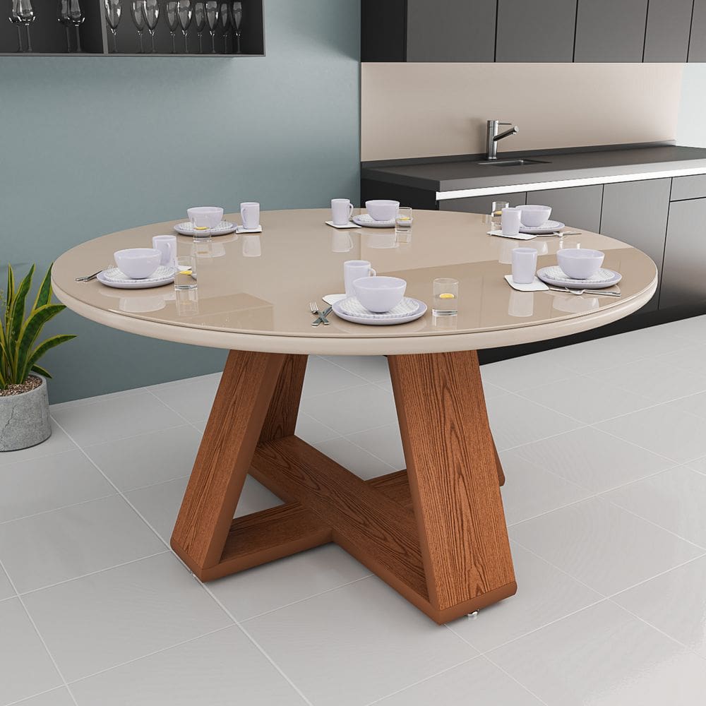 Mesa De Jantar Redonda 110cm Com Vidro Laqueado Base Em MDF