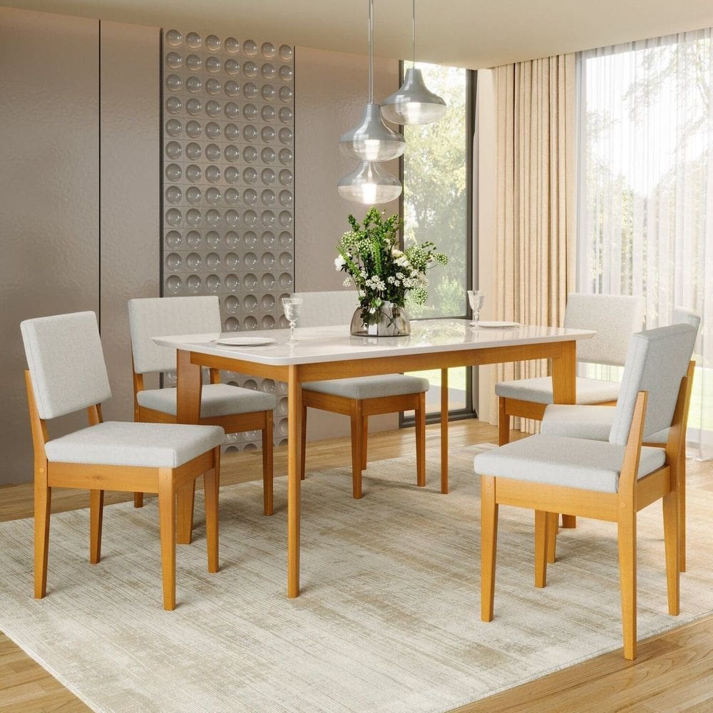 Conjunto Sala de Jantar Siera 6 Lugares Retangular Madeira Maciça Miami Cerejeira/Nevoa