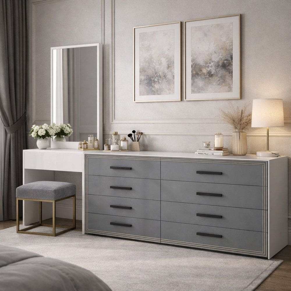 Cômoda Penteadeira 8 Gavetas Valência Cinza/Branco