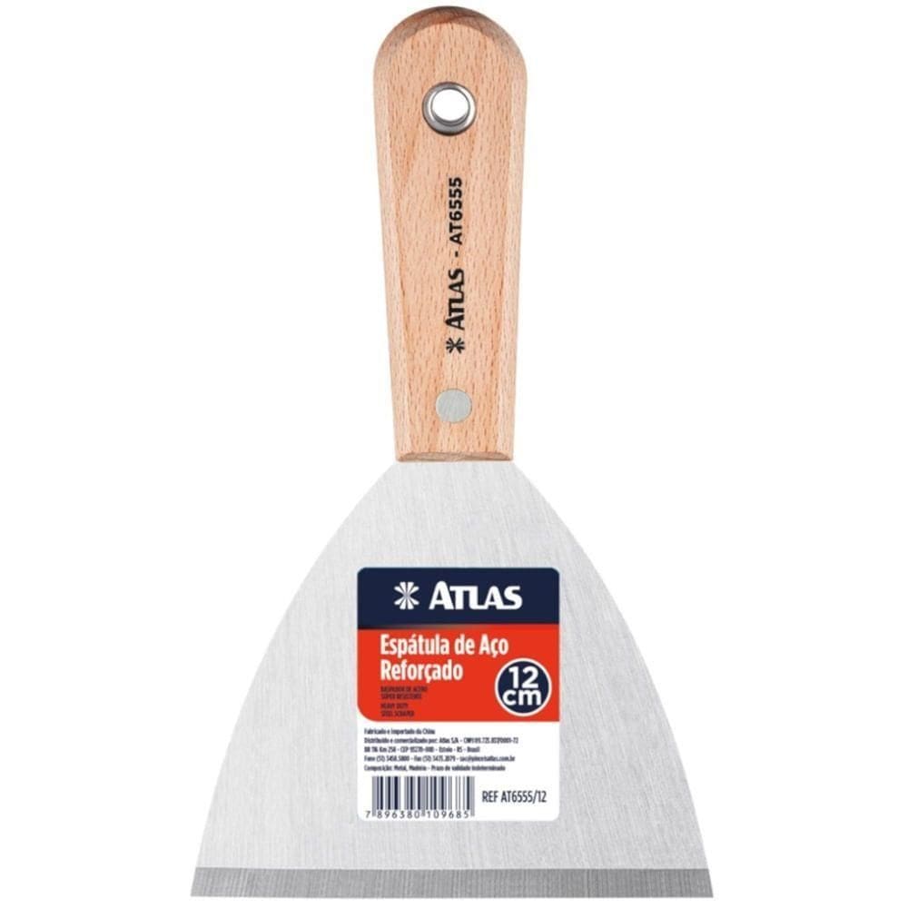 Espátula de Aço Reforçado com Cabo de Madeira 120mm At6555-12 Pincéis Atlas Espátula de Aço Refo