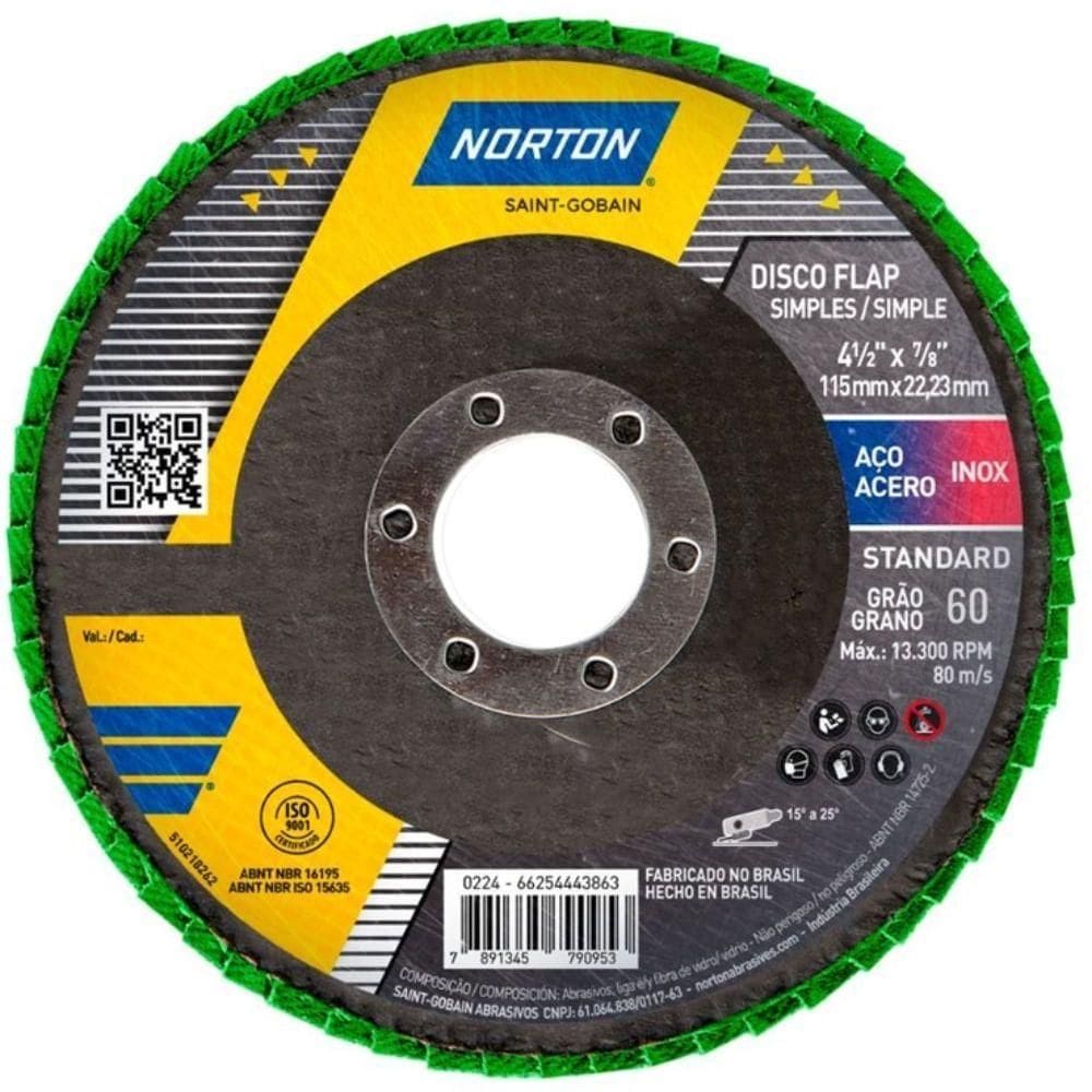 Disco Flap Fibra Grão 60 R244 Standart 115x22,23mm 13.000 Rpm 66254443862 Norton Disco Flap Fibr
