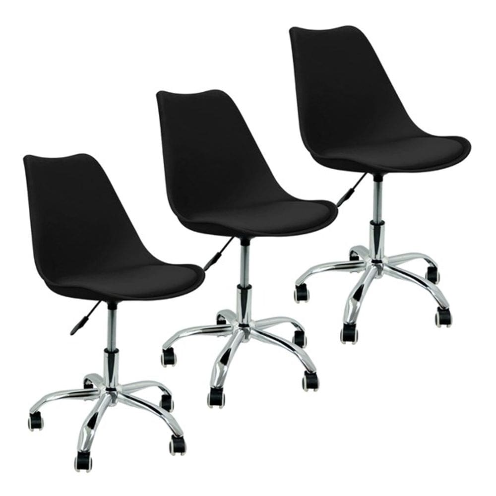 Kit 3 Cadeiras Home Office Leda Giratória, Base Cromada com Rodízios, Regulagem de Altura,Preto