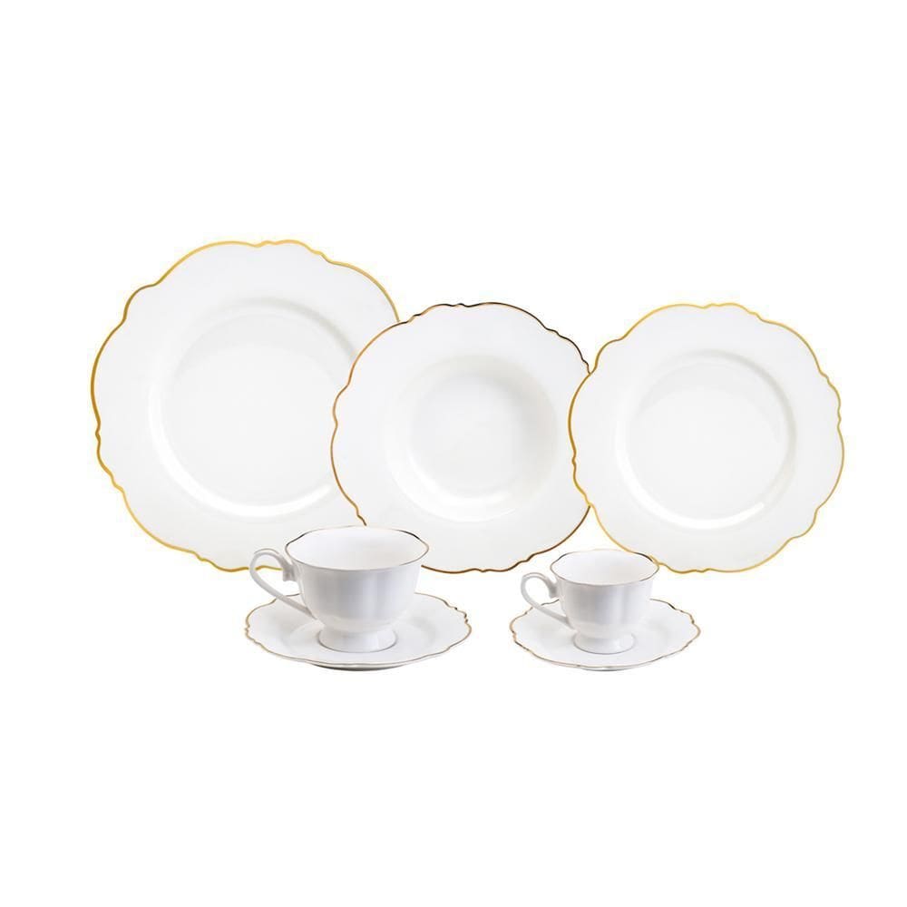 Ap de Jantar 42 pçs Porcelana Maldivas Branco c/ Fio de Ouro