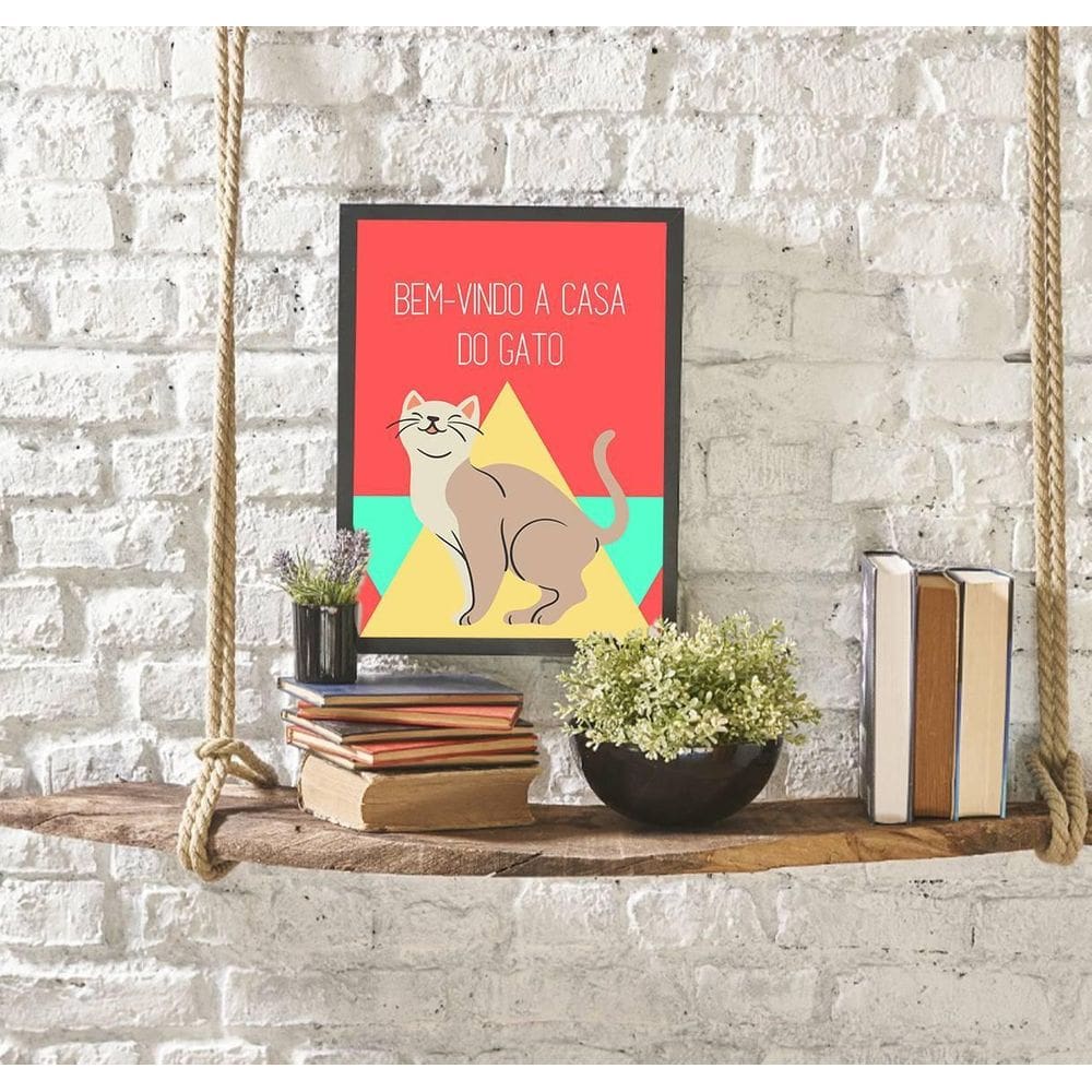 Quadro Bem Vindo A Casa Do Gato 24X18 Com Vidro - Preta