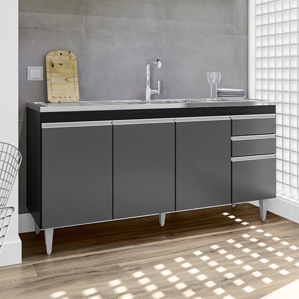 Balcão de Pia Lorena 160cm 4 Portas 2 Gavetas Preto Grafite Maderatto Móveis