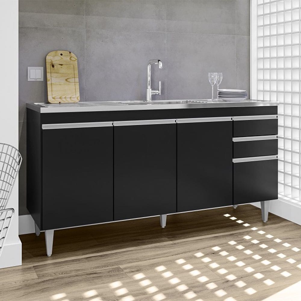 Balcão de Pia Lorena 160cm 4 Portas 2 Gavetas Preto Maderatto Móveis