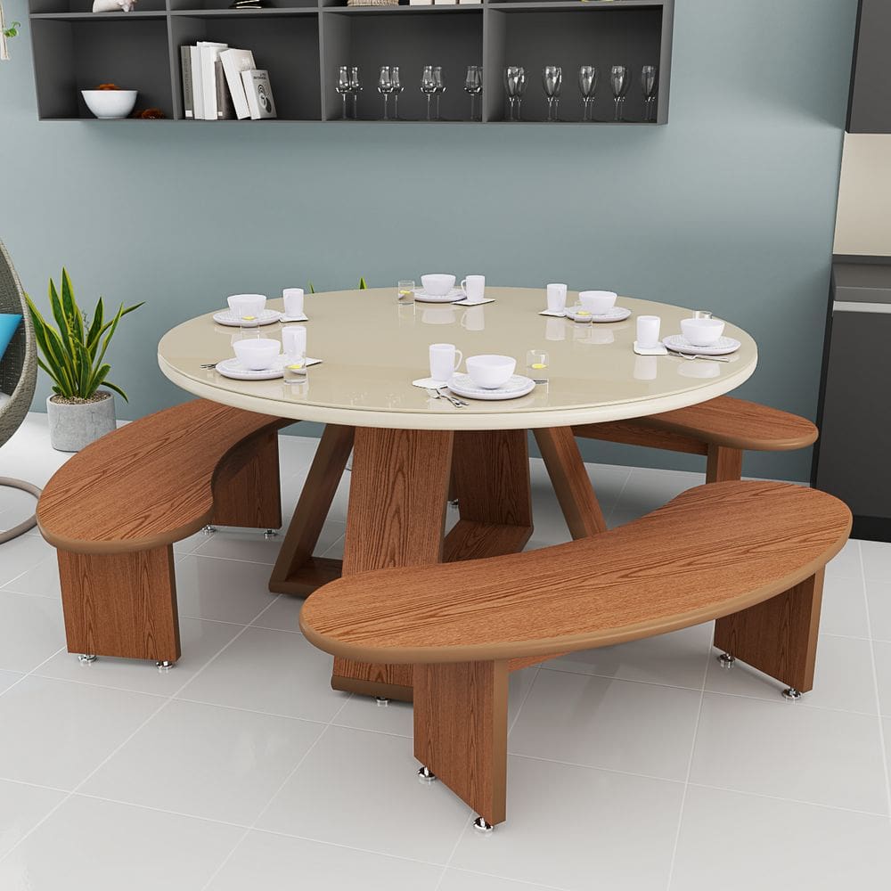 Mesa de Jantar e Jardim Redonda com 3 Bancos Curvos em MDF Design Moderno Estrutura Robusta Estilo Gourmet