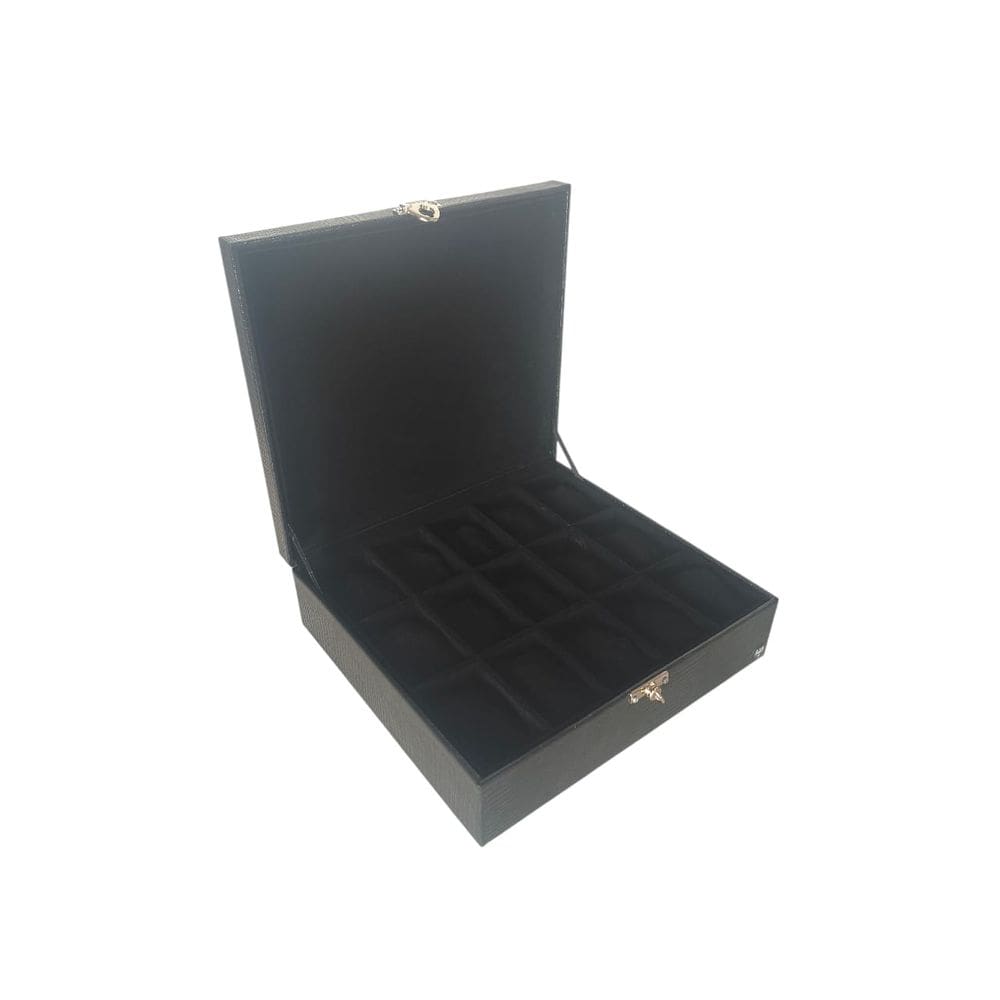 Porta Relógio Caixa Organizadora 15 Nichos Couro Ecológico Preto Com Preto